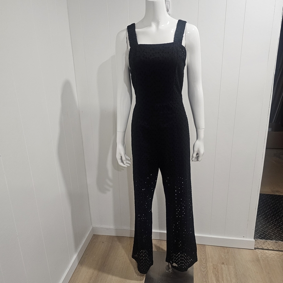 MNG Eyelet Lace Wide Leg Jumpsuit Sleeveless Square Neck Boho Chic Sz.L - Picture 10 of 12